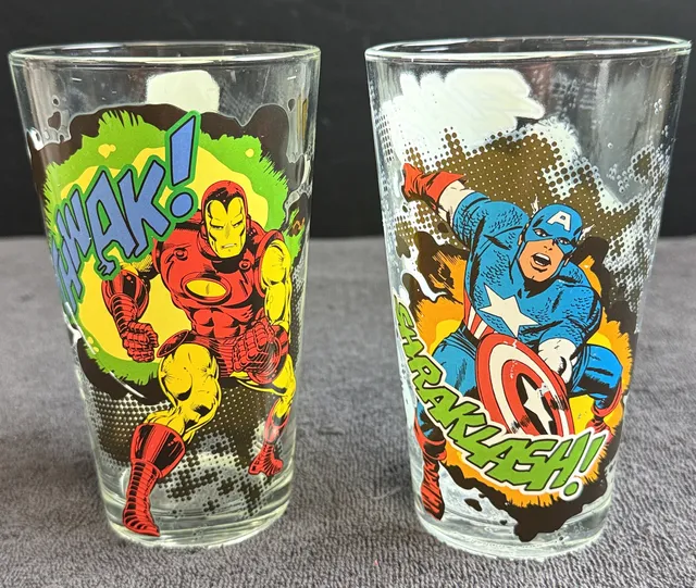 Marvel Comics 2 Pint Glasses Iron Man, Captain America, Thor, & Hulk 16 oz