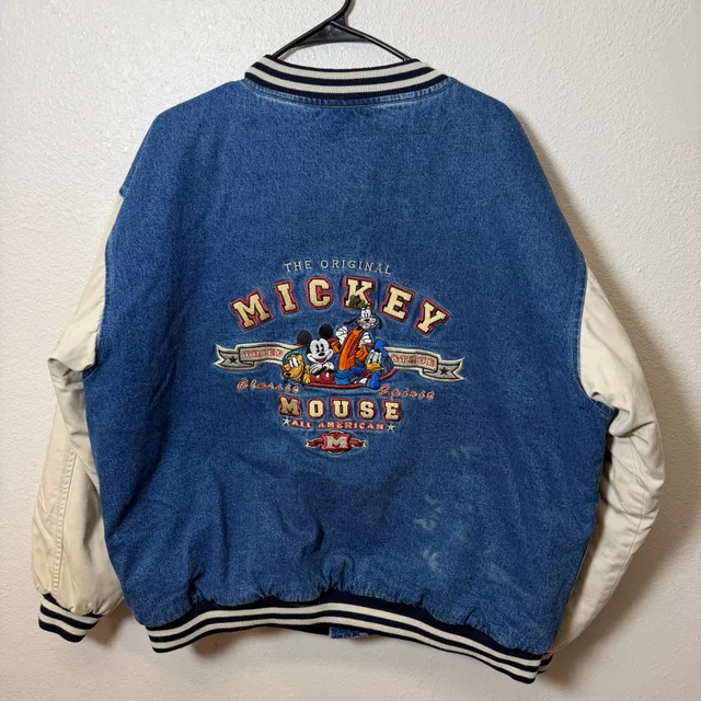 Vintage Disney Mickey Mouse Denim Varsity Jacket Size L