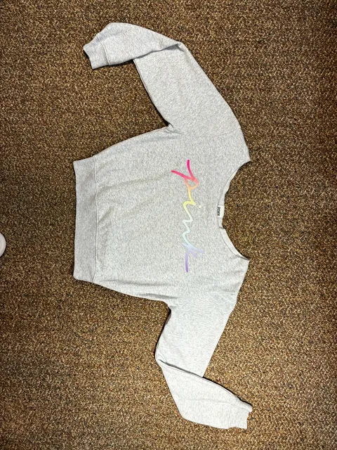 Victoria's Secret PINK Sweatshirt XS Grey Off Shoulder Gradient Logo