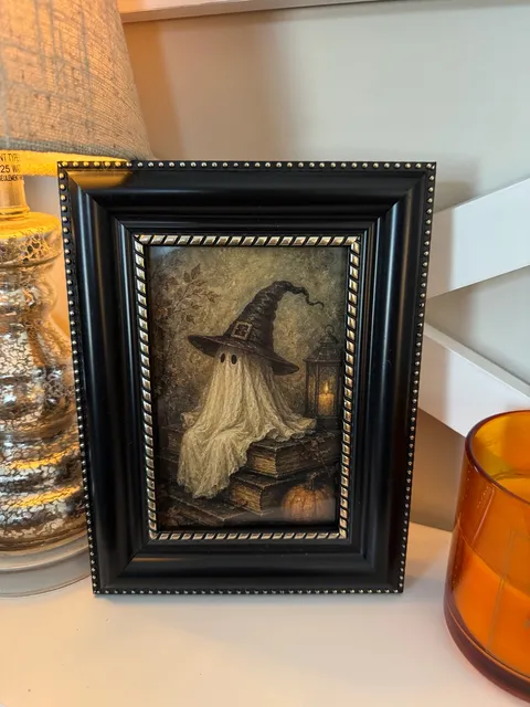 Framed Halloween Ghost With Witch Hat Art