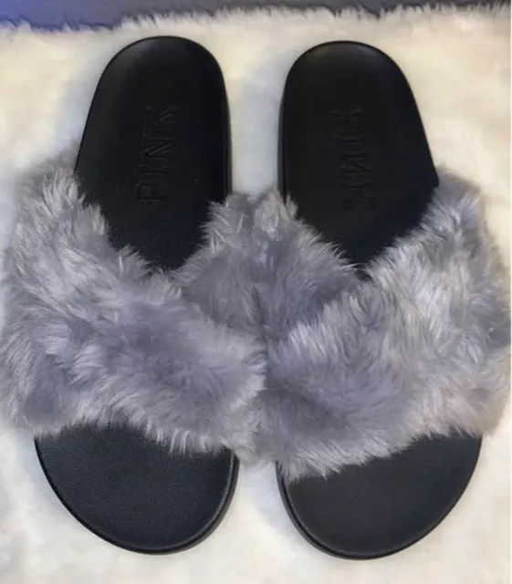 Victoria's Secret Pink Faux Fur Criss Cross Slides Gray