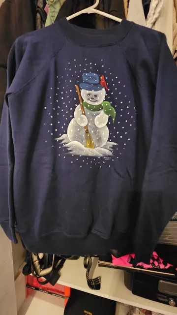 Hanes Vintage Snowman Painted Sweatshirt Size L Navy Blue
