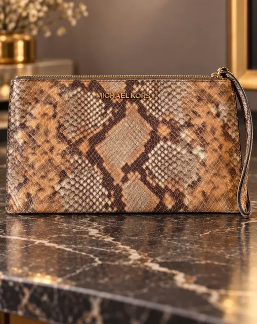 Michael Kors Jet Set Item Lg Zip Clutch Embossed Leather Peanut
