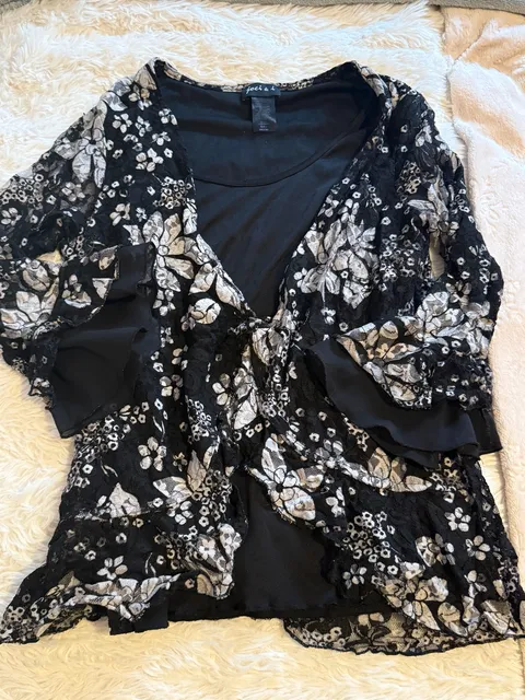Jovi & I Floral Lace Cardigan Size 3X Black White Open Front