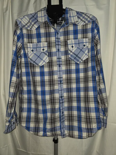 American Rag Long Sleeve Plaid Western Shirt Size M Blue
