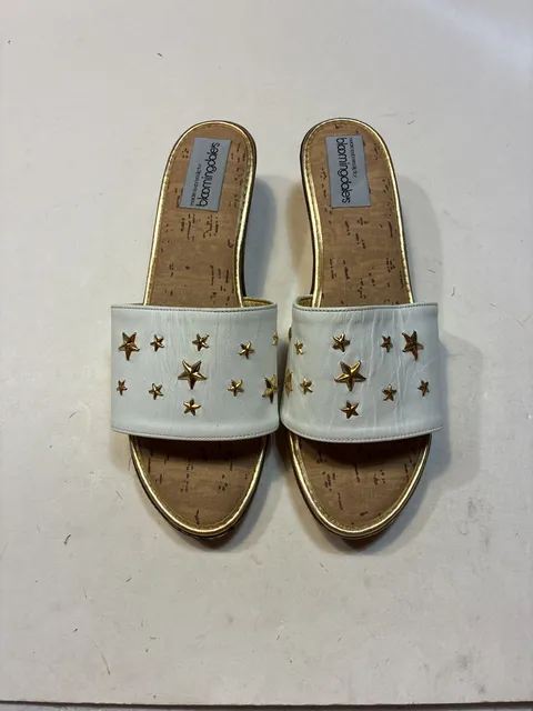 Bloomingdale's White Gold Star Studded Cork Wedge Slide Sandals