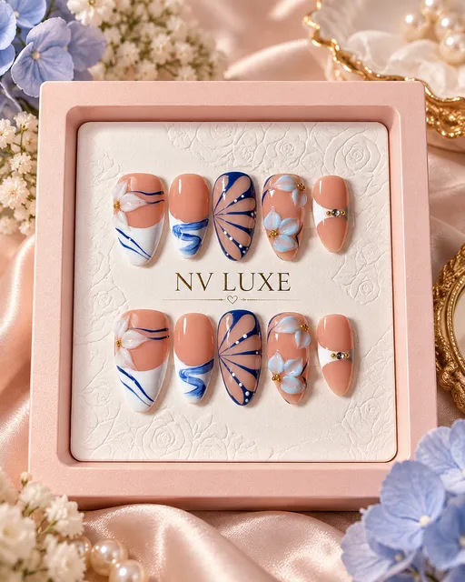 NV Luxe Blue Butterfly Bloom Press on Nails Medium Almond