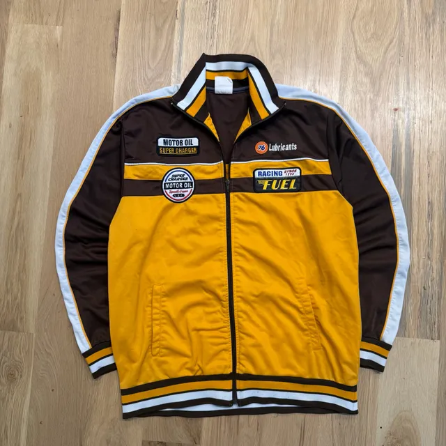 76 Lubricants Racing Fuel Track Jacket Size LL Brown Yellow Full Zip