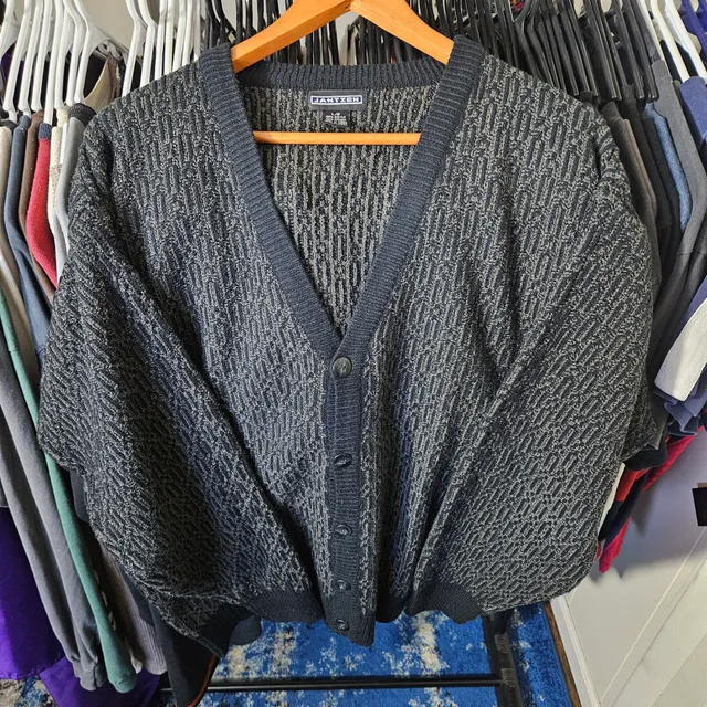 Jantzen Cardigan Sweater Size L Black Gray Geometric V-Neck