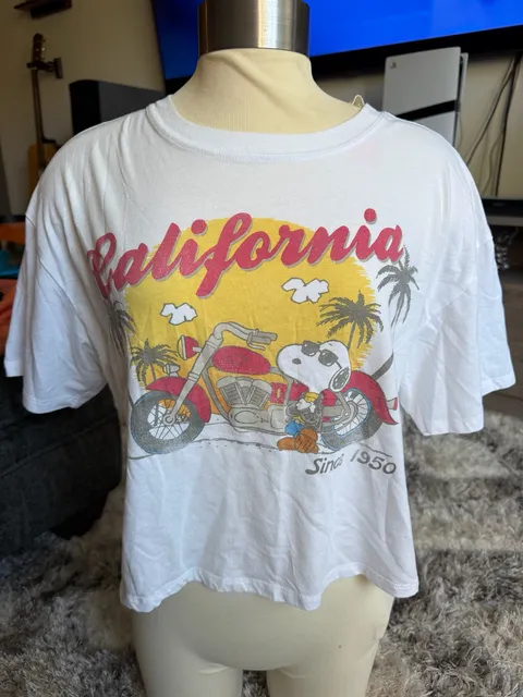 Peanuts Snoopy California Motorcycle Crop T-Shirt Size L White