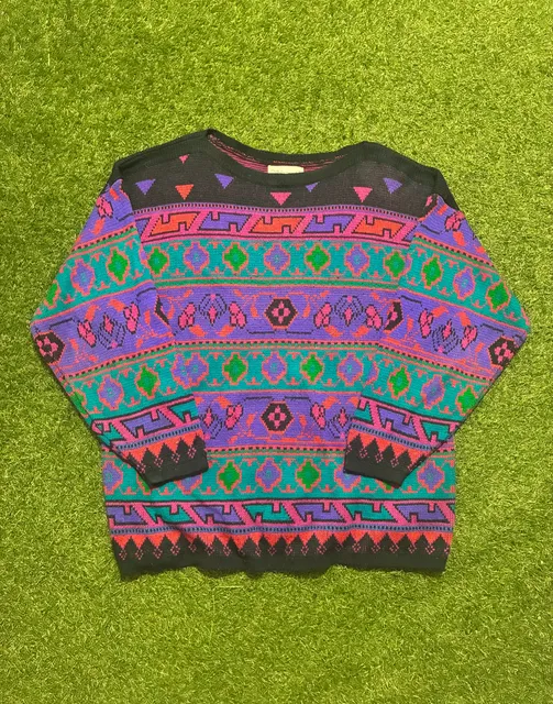 Vintage Aztec Geometric Pattern Knit Sweater Black Multi