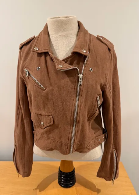 Blokette BlankNYC Brown Crepe Moto Jacket Size M Textured Cotton Biker
