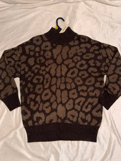 Leopard Print Mock Neck Sweater Brown