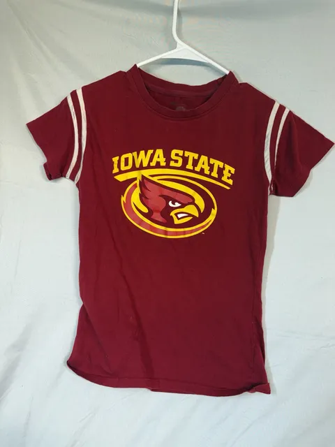 Woman Champion Iowa State University T-Shirt Red Graphic Striped Sleeves
