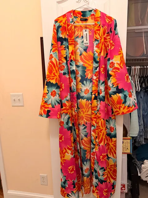 Boohoo Floral Woven Midi Kimono Size US 14 Orange Pink Multi