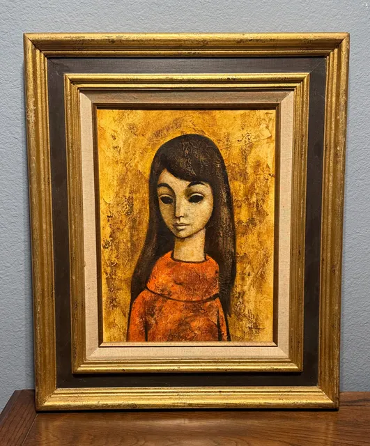 Vintage Original Kaplan Mid Century Modern Girl Painting Framed Art (With COA)