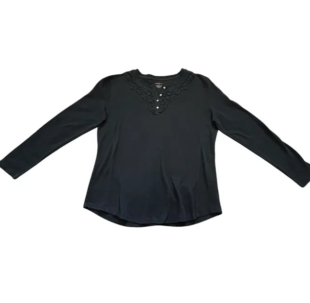 NorthCrest Classic Thermal Henley Size L Black Long Sleeve Lace Trim