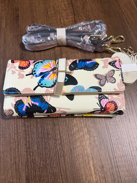 Generic Butterfly Print Clutch Wallet Crossbody Bag Cream Faux Leather