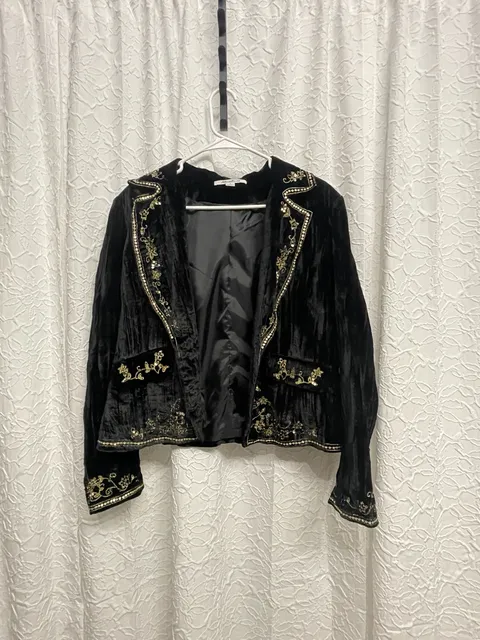 Katherine Barclay Black Velvet Gold Embellished Cropped Jacket Size 14