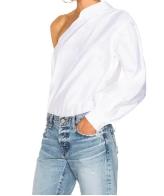 Jonathan Simkhai One-Shoulder Pinstripe Shirt Size S Blue White