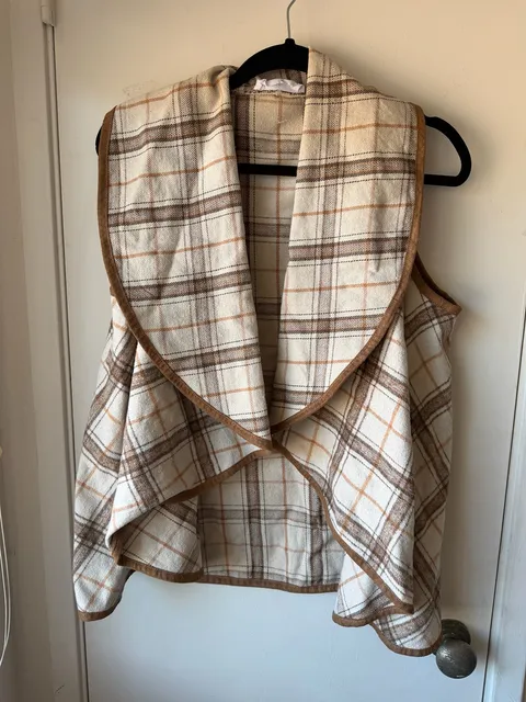 Luxology Plaid Waterfall Vest Size M Brown White Open Front Drape