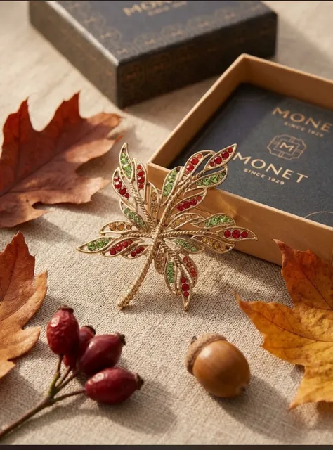 Monet Maple Leaf Rhinestone Brooch Gold Tone Fall Box Pin
