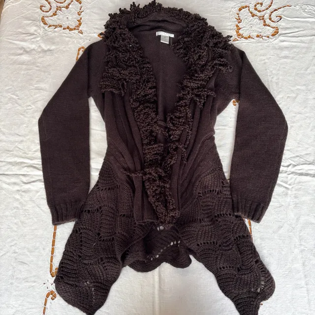 Alberto Makali Cardigan Sweater Size S Brown Ruffle Open Front