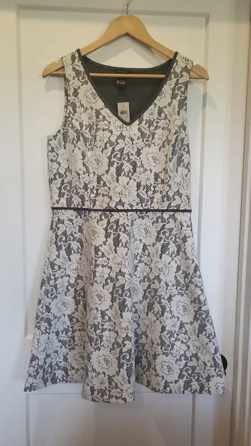 NWT Ann Taylor Women's Grey and White Floral Lace Fit & Flare Sleeveless Dress, size 6