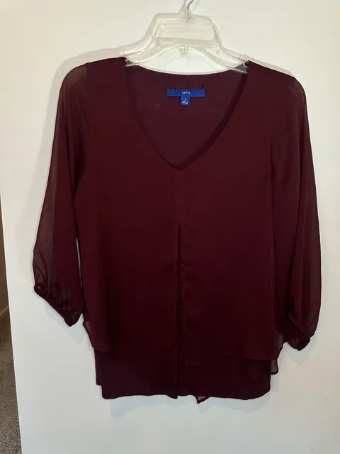 Apt. 9 V-Neck Blouse Size S Burgundy Sheer Long Sleeve Layered Top