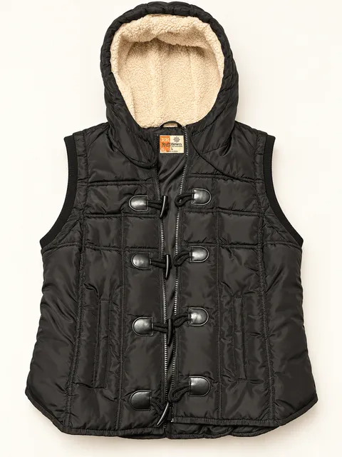 RuffHewn Quilted Hooded Vest Size L Black Toggle Button Sherpa Lined