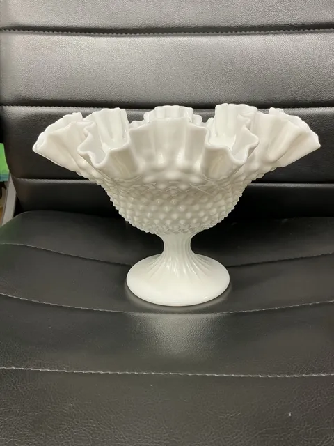 Fenton White Milk Glass Hobnail Footed Ruffled Compote Bowl