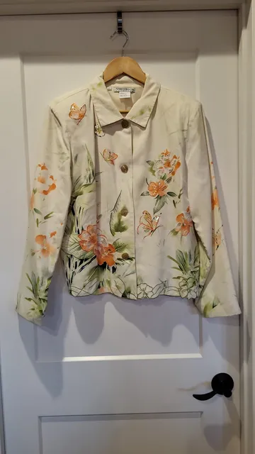 Vintage Nancy Bolen City Girl 100% Silk Butterfly & Floral Beaded Grandmacore Jacket Size L