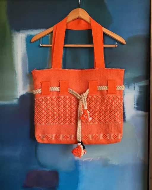 Handmade Woven Tote Bag Orange Handbag Mexican Artisan