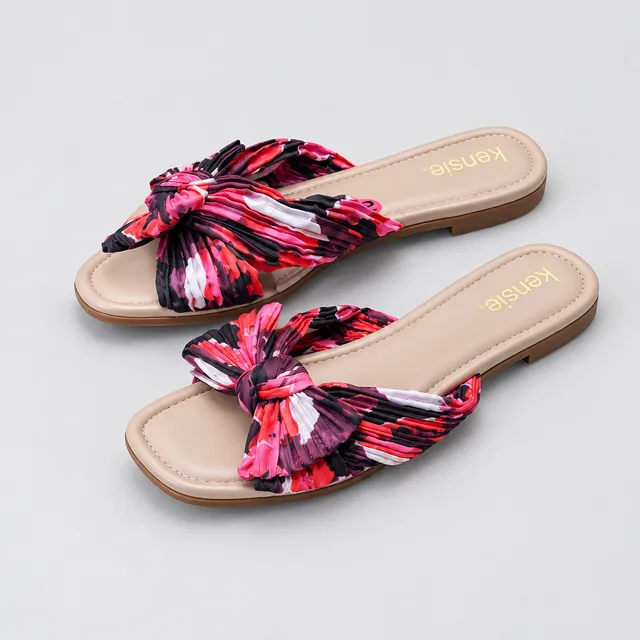 Kensie Bow Slide Sandals Size 10 Multi Color Pleated Fabric Flats