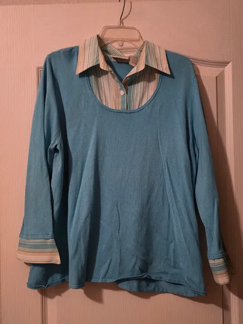 Fred David Layered Look 2fer Sweater Size 2X Blue Striped Collar Top