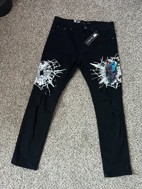Waimea Skinny Fit Jeans Size 36 Black Graphic Skull Distressed