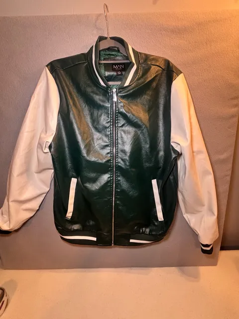 boohooMAN Faux Leather Varsity Jacket Size M Green White