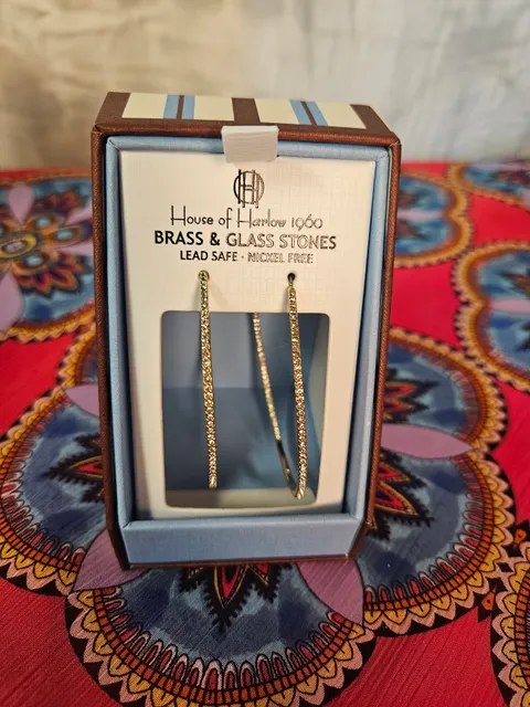 House of Harlow 1960 Brass And Glass Stones Hoop Earrings
