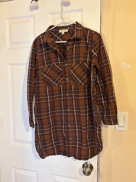 She+Sky Plaid Flannel Shirt Dress Size S Brown Long Sleeve Button Up