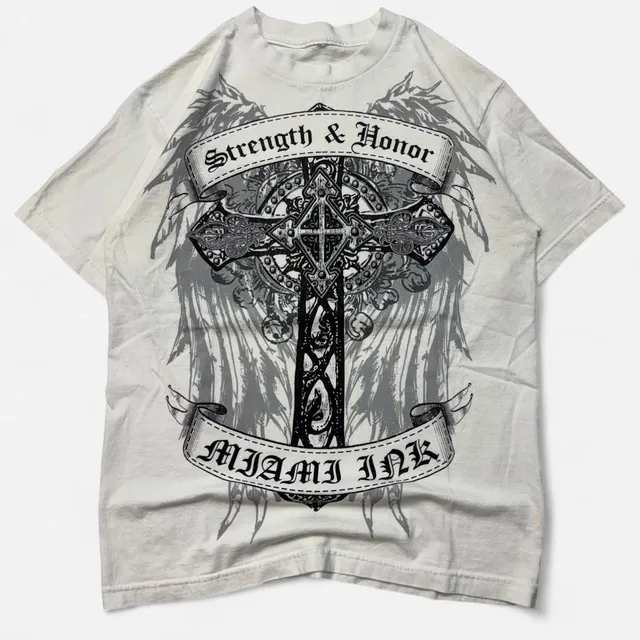 Miami Ink Strength And Honor T-Shirt Medium Y2K Punk Cross