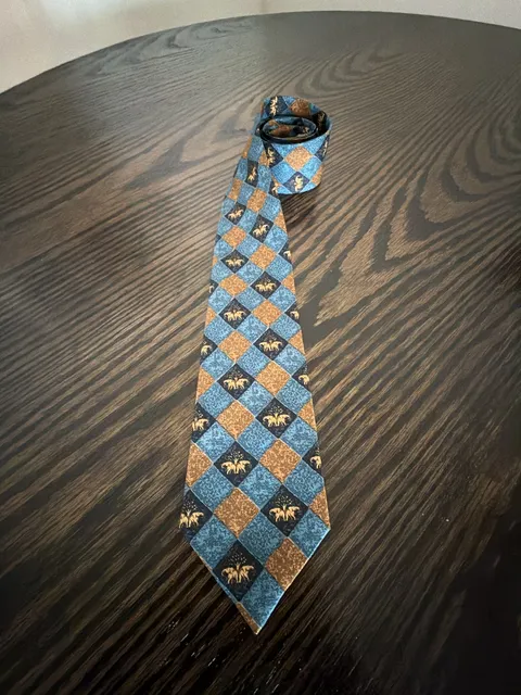 Thai Silk 100% Hand Work Tie Blue Brown Diamond Pattern