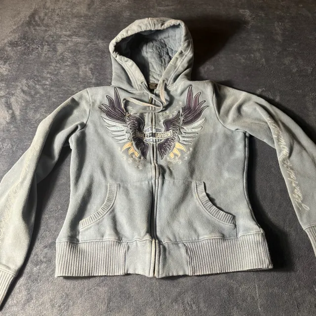 Harley Davidson Zip Up Hoodie Blue Winged Graphic
