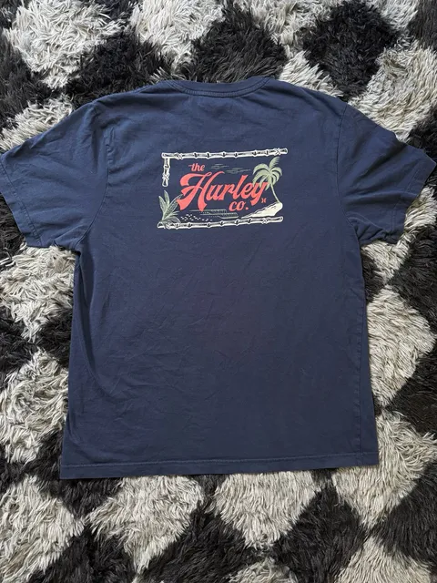 Hurley ‘The Hurley Co’ T-Shirt Size L Navy Blue Cotton Graphic Palm Tree