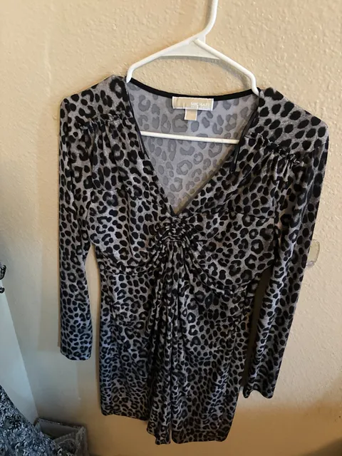 Michael Michael Kors Leopard Print Ruched Dress Size M Grey Black