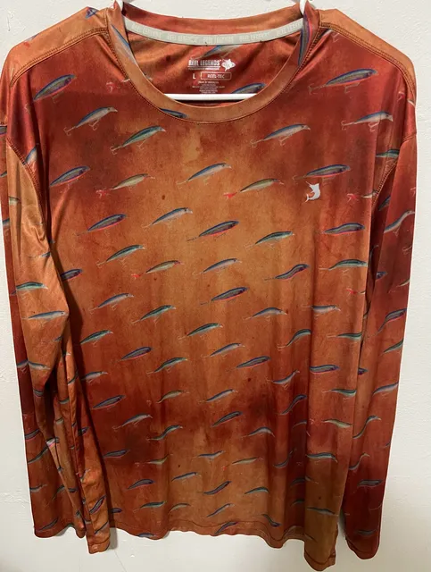 Reel Legends Reel-Tec Lure Print Long Sleeve Shirt Size L Orange Fishing