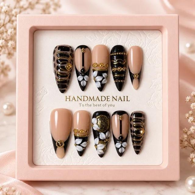 Reusable Midnight Bloom Press On Nails Size M M Almond Set #010