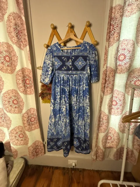 Vintage Blue White Floral Midi Dress Square Neck Cottagecore Boho