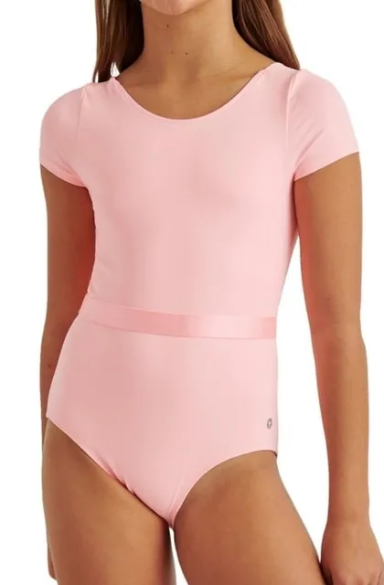 NWT Justice Cap Sleeve Leotard Size XL (16/18) Pink Satin Ribbon Waist Bow Back
