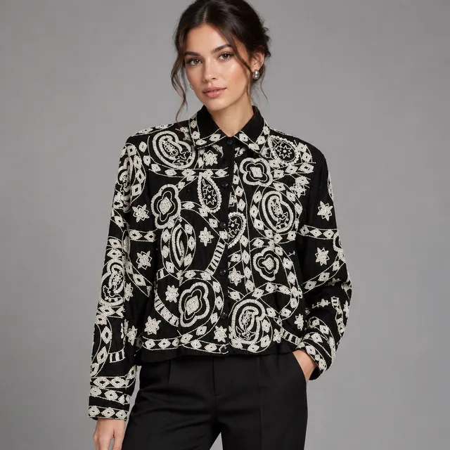 Vintage Beaded Silk Jacket Black White Floral Size L