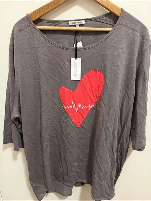 Lisa Todd Gray Top with Red Heart Applique